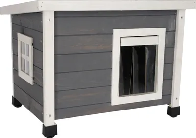 Produktbild von Kerbl Katzenhaus Rustica Katzenhütte Holz weiß/grau Plexiglasfenster Katzenvilla