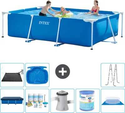 Produktbild von Intex-Schwimmbecken mit rechteckigem Rahmen – 300 x 200 x 75 cm – Blau – im Lieferumfang enthalten Abdeckung - Wartungspaket - Filterpumpe für Schwimmbad - Filter - Bodenplane - Solarmatte