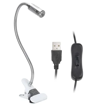 Obrázek produktu pro Stolní LED lampa napájená přes USB s klipovým uchycením, ohebná, stříbrná, teplé světlo