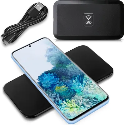 A smartphone and a wireless charger are displayed on a white background.