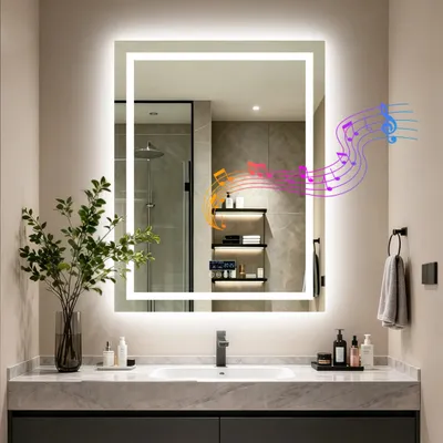 Produktbild von LED Badspiegel mit Bluetooth-Lautsprecher - Wandspiegel 70x90 cm - Rechteckig rahmenlos - Dimmbares LED-Licht - Beschlagfrei Antibeschlag - 3 Lichtfarben Memory - Splittersicher