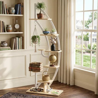Image de Support pour plantes Zerbaco, en métal, 6 niveaux, 9 pots, avec crochets, blanc
