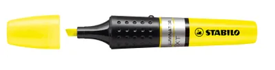 A yellow Stabilo Luminator highlighter with its cap off, lying on a white background.