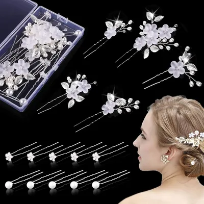 Produktbild von 15 Stück Haarschmuck Hochzeit Set, Hochzeit Haarnadeln mit Perlen und Blume, U-förmig Haarspangen Strass, Haarnadeln für Braut und Brautjungfer Silber