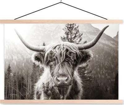 Produktbild von MuchoWow® Textilposter Schottisches Hochlandrind - Kuh - Tiere - Schwarz - Weiß 60x40 cm mit holzfarbenen Rahmen - Bilder