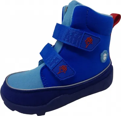 A single blue children's boot is shown against a white background.