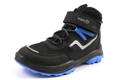 A single black winter boot with blue accents on a white background.