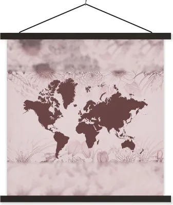 Produktbild von MuchoWow® Textilposter Weltkarte - Blume - Rot 90x90 cm mit schwarzem Rahmen - Magnetisches
