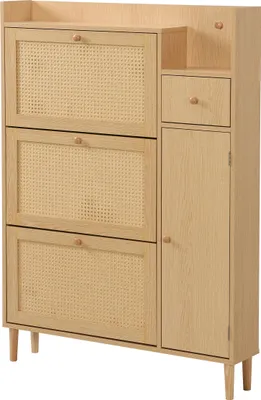 Produktbild von Flieks Schmal Schuhschrank mit 3 Klappen, Rattan Schuhschrank Schuhkipper mit Schublade und Tür, Schuhkommode mit Verstellbarer Ablage, Naturbelassen