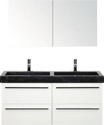 Produktbild von Sanox Badmöbel-Set Seville BxHxT 121 x 170 x 45,5 cm Frontfarbe weiß mit Waschtisch Naturstein schwarz, Waschtischunters