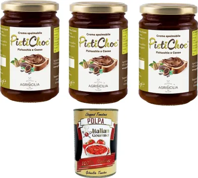 Produktbild von Agrisicilia Pistichoc Crema spalmabile al Pistacchio e Cacao Streichfähige Creme mit Pistazien und Kakao 3x360gr + Italian Gourmet polpa 400g
