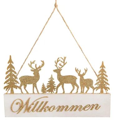 Produktbild von Weihnachten "Willkommen" Türschild aus Metall weiß gold 28 cm