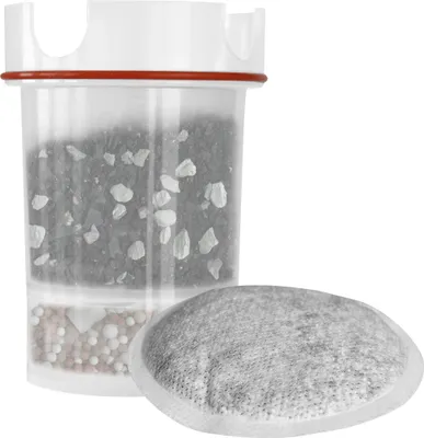 A water filter cartridge and its filter media are shown against a white background.