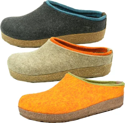 Three pairs of felt clogs are displayed in a stacked arrangement against a white background.