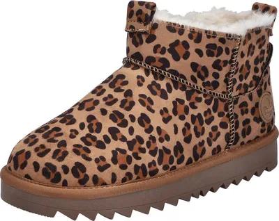 A single leopard-print boot is shown against a white background.
