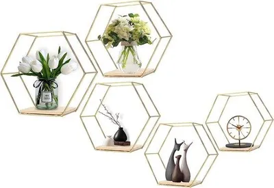 Obrázok produktu pre Sada 5 hexagonálnych nástenných políc – kov a drevo