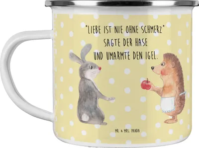 Produktbild von Mr. & Mrs. Panda Teebecher Hase Igel - Gelb Pastell - Geschenk, Teetasse, Trösten, Kaffeepott, Emaille Becher, Tasse, Liebe Spruch, Trennungsschmerz, Pott, und