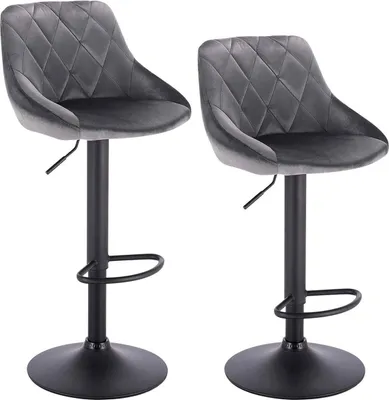 Image de Tabourets de bar gris – Velours – Ergonomiques – Réglables en hauteur – Hauteur d'assise 60–82 cm – Lot de 2
