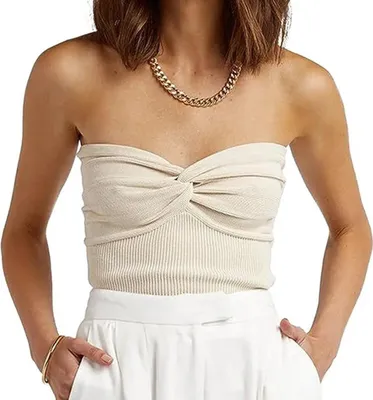 Image de ASKSA Femme Tube Top Y2K Côtelé Knit Tops Twist Knot Bustier Sans Bretelles Hauts Sans Manches, Abricot, S
