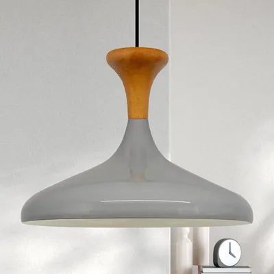 Produktbild von Champion Pendelleuchte aus Holz, 35 cm Hängelampe Metall E27 Moderne, Skandinavisch Pendellampe für Schlafzimmer Wohnzimmer Esstisch Lampe - Grau