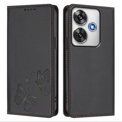 Image de Étui en cuir pour Xiaomi Poco F6, motif papillon, étui à rabat avec porte-appareil, noir