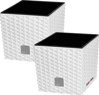 Productafbeelding van KOTARBAU® Vierkante Bloempot met Inzetpot Vierkante Plantenbak 17x17 cm 2 Stuks Plantenpot 4 L Plantenbak Kunststof Rotanlook Wit