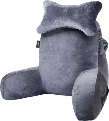 Image de Coussin lombaire de 23" x 16", gris foncé, avec repose-bras et poches de rangement, idéal pour la lecture