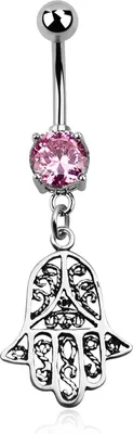 Produktbild von Bauchnabelpiercing Hamsa Hand der Fatima 925 Silber Anhänger Kristall Autiga® silber-pink 8 mm