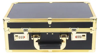 Imagen del producto de Estuche de maquillaje, color dorado, dimensiones: 40 cm de ancho, 28 cm de alto, 16 cm de profundidad. Estuche de almacenamiento metálico