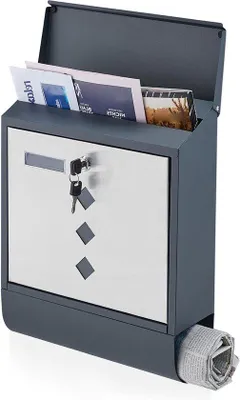 Produktbild von Famanu Wandbriefkasten mit Zeitungsrolle - 38,5 x 31 x 12 cm - Edelstahl und Stahl - Anthrazit/Silber mit Namensschild