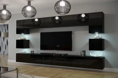 A modern living room with a black wall-mounted entertainment unit and TV.