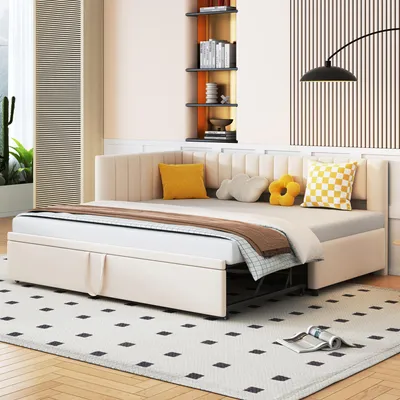 Productafbeelding van Uitschuifbare L,vormige slaapbank , 2,in,1 van een, naar tweepersoonsbed , 90/180x200 cm , Beige , Inclusief 24,delige lattenbodem , Geschikt als kinderbed, tienerbed of logeerbed