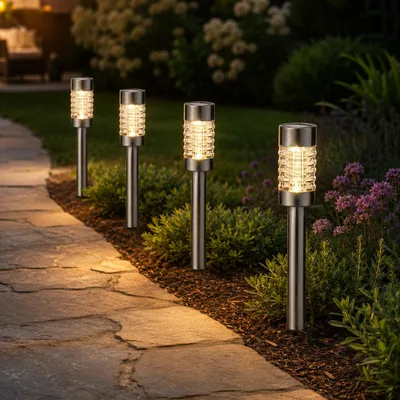 Produktbild von LED Solar Wegleuchten - Gartenleuchten mit Erdspieß - H: 29cm - Lichtsensor - 4er Set