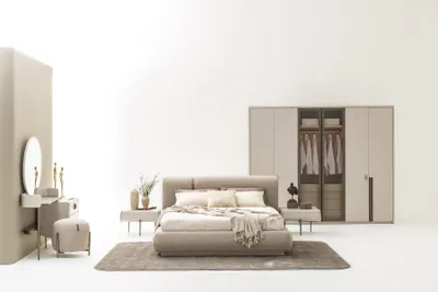 Image de Ensemble chambre à coucher Lit Tables de chevet Coiffeuse Miroir Tabouret Armoire
