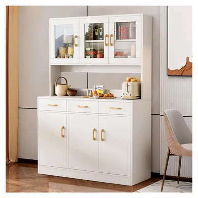Produktbild von Küchenschrank, 170 cm Buffetschrank, Vitrinenschrank mit Arbeitsplatte, Küchenbuffet mit Glastüren und 3 Schubladen, Hochschrank für Küche, Esszimmer und Wohnzimmer
