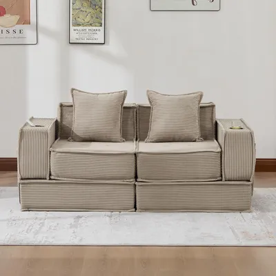 Obrázek produktu pro MODFU moderní modulární rozkládací postel s držáky na nápoje a boční kapsou dvoumístné sofa lounge sofa se 2 polštáři a područkami khaki