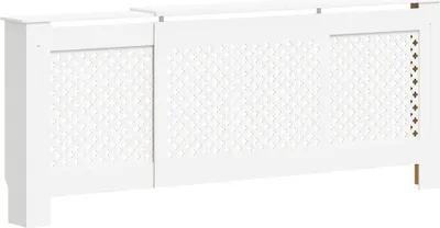 A white radiator cover with a decorative patterned front.