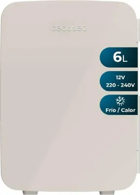 A front view of a small, beige mini-fridge with product information displayed on the right side.