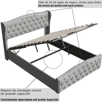 Obrázek produktu pro UnboxG Čalouněná postel s úložným prostorem, manželská postel 160x200cm postel s pružinovým roštem, úložný prostor, funkční postel, bílá