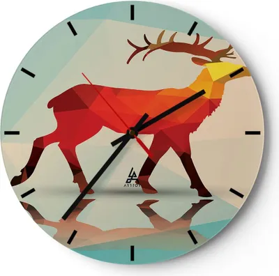 Produktbild von Wanduhr - Rund - Glasuhr - Hirsch Illustration modern Grafik - 40x40cm - Schleichendes Uhrwerk - Lautlos - zum Aufhängen bereit - Dekoration Modern - Wanddekoration aus Glas - C3AR40x40-2811