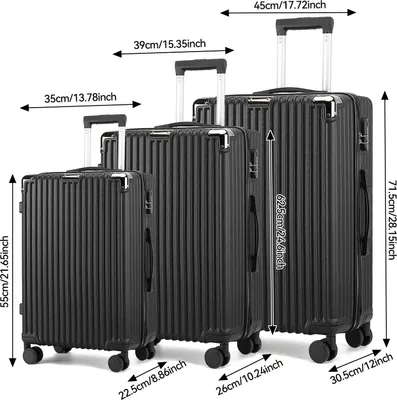 Image de Set de valises de voyage - 3 pièces - Coque rigide en ABS - Légères et résistantes - Roulettes silencieuses pivotantes à 360° - Compartiments intérieurs - Cadenas et poignée télescopique - Noir C