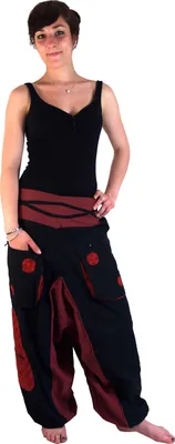 Immagine prodotto di Pantaloni harem, pantaloni harem, bloomers, pantaloni aladino a spirale - nero/rosso, donna, cotone, taglia: L