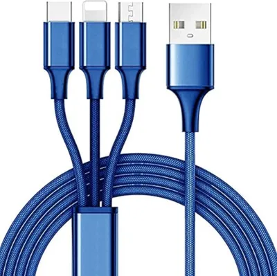 Obrázok produktu pre Nabíjací kábel 3 v 1 – odolný multifunkčný kábel s konektormi USB-C, Micro a pre iPhone – modrý / 1 ks