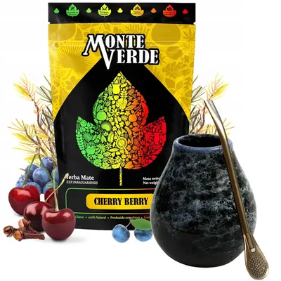Produktbild von Yerba Mate-Tee Set mit Yerba Mate Monte Verde Cherry Berry 500g - Keramik mate-tee tasse Kalebasse Marmol 350ml - Edelstahl Bombilla 19cm