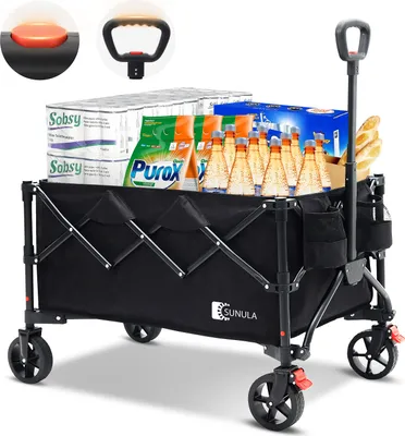 A black folding wagon filled with groceries and other items, shown on a white background.