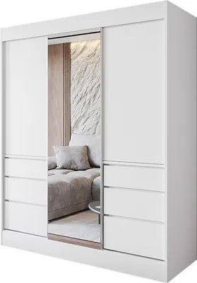 A white sliding door wardrobe with a mirrored center panel, reflecting a bedroom interior.