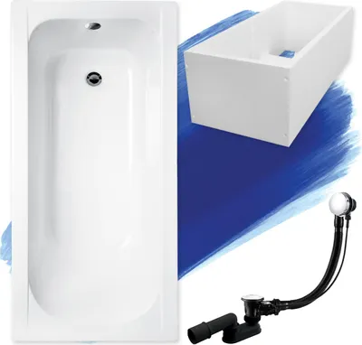 A white bathtub with a drain and overflow, a white bathtub surround, and a black drain assembly with flexible hoses, all set against a blue and white abstract background.