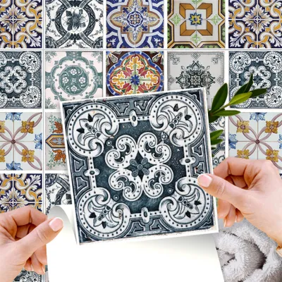 Produktbild von WALPLUS 24 PCS Küche Backsplash selbstklebende Aufkleber 15x15cm Korfu Bunten Mediterranen Wandfliese Aufkleber Wasserdicht Fliese Aufkleber Folie für Bad Küche Haus