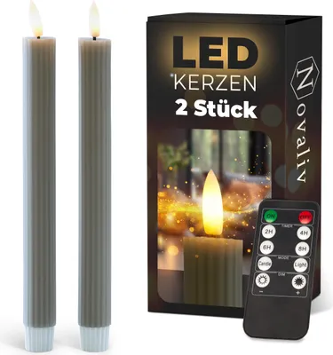 Produktbild von Stabkerzen LED mit Timer TAUPE GRAU 2er indoor mit Timer Funktion 6 Stunden ECHTWACHS gerippt 23cm Höhe für Kerzen 2,2cm Durchmesser 2 AAA Batterien LED Stabkerzen flackernde Flamme bewegliche Flamme