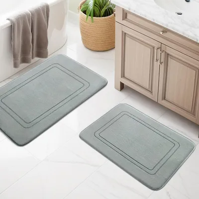 Image de Lot de tapis de salle de bain, 2 pièces, tapis de bain moelleux en mousse à mémoire de forme, antidérapant, lavable, pour les toilettes, la douche et la baignoire, gris